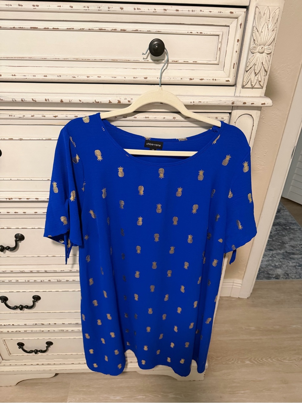Chelsea & Violet Royal Blue Short Sleeve Tunic with Metallic Pineapple Print
